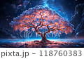 A glowing tree illuminates an ethereal landscape under a starry sky with distant planets 118760383