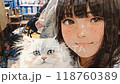 A girl enjoys a cozy moment with her fluffy cat in a welcoming cafe setting during an afternoon visit 118760389