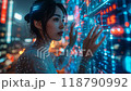 A futuristic scene of a young woman interacting with glowing holographic displays 118790992