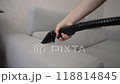 Woman is cleaning sofa with vacuum cleaner at home 118814845