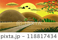 三隻烏鴉飛翔，背景是鄉村日落 118817434