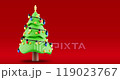 Brightly decorated 3d Christmas tree adorned with colorful garland light, gold ornaments and bright yellow star on top rotating on red background. High quality 4k looped animation footage 3D render. 119023767