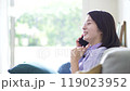 A woman talking on a smartphone in the living room 119023952
