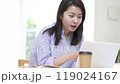 Young woman taking notes in an online class 119024167