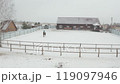 Horseback riding woman riding horse outdoors in winter. Brunette woman riding beautiful black horse on snowy farm in winter. Horse riding, equestrian sport. Horseback riding woman on horse walking on 119097946