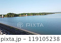 Intake tower and lake surface of Lake Tama in the fresh green of Sayama Hills Pan from left to right 119105238