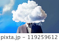 Man with white fluffy flowing cloud instead of head. Dreaming mind surreal abstract brain concept on blue sky background 119259612