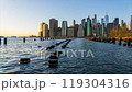 Manhattan city architectural landscape, New York, USA, spectacular sunset timelapse photography of the Hudson River 119304316