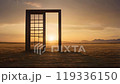 A Solitary Door Stands in a Desert at Sunset, Inviting Reflection and Curiosity in an Expansive Landscape 119336150