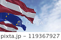 Flags of Latvia and the European Union waving on a clear day. Latvia is a member of the European Union and the Eurozone. Seamless 3d render animation. Slow motion loop. Selective focus 119367927