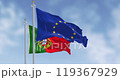 Close-up of Portugal and the European Union flags waving on a clear day. Democracy and politics. Seamless 3d render animation. Slow motion loop. Selective focus 119367929