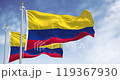 Colombia national flags waving in the wind on a clear day. Horizontal tricolor of yellow, blue, and red. Latin american country. Seamless 3d render animation. Slow motion loop. Selective focus 119367930