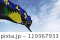 Guadeloupe flag waving in the wind on a clear day. Overseas department and region of France. Seamless 3d render animation. Slow motion loop. Selective focus 119367933