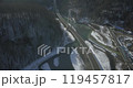 Aerial of a highway in the mountains. An automobile cable-stayed bridge over a mountain river in a gorge. The concept of civil engineering in a mountainous area. 119457817