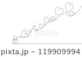 Continuous one line drawing of romantic creative composition. Happy Valentine's Day. Festive decorative objects, heart shaped balloons and cute cupid as symbol Valentine's Day. Outline minimal concept 119909994