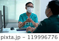 A doctor is talking to a patient wearing a mask. The patient is wearing a green shirt. 119996776