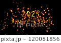 2025 Happy New Year. Congratulatory Christmas video card. Decorative golden title. Artistic intro (introductory template). Quick Time, codec: PNG, 16-bit color, highest quality. 3D animation.  120081856