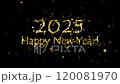 2025 Happy New Year. Congratulatory Christmas video card. Decorative golden title. Artistic intro (introductory template).  Quick Time, codec: PNG, 16-bit color, highest quality. 3D animation.  120081970