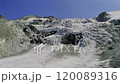 A stunning aerial view of Moiry Glacier in the Swiss Alps, highlighting the glacier's intricate icy textures.  120089316