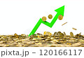 A green 3D arrow rises from the pile of gold coins, Business concept 120166117