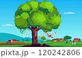 village scenery, farmer working in farmland, Kids playing under tree, agriculture animation 120242806