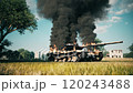 Burning military tank. Burning war machine 120243488