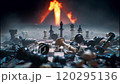 Chess pieces stand resolutely on a chessboard, surrounded by fallen comrades, while a fierce fire rages in the background, symbolizing destruction and conflict 120295136
