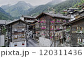 Drone View of Swiss Alpine Village Grimentz with Blooming Geraniums. 120311436