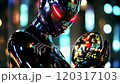 Cybernetic metal rabbit robot with red eyes holding a spinning holographic egg 120317103