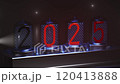 2025 Steampunk nixie tube clock. Nixie light bulbs, tubes with digits 2025. Vintage style Christmas illustration on a dark background. 3D illustration. 3d render 120413888