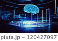 Holographic projection of a human brain is being generated in a futuristic laboratory, showcasing cutting edge technology and scientific advancements 120427097