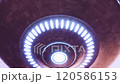 Hovering alien Flying Saucer. Rotating UFO Spaceship with Glowing rays.  120586153