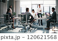Office workers discussing a new business plan in the office. Creative team discussing new ideas in coworking space. Business people colleagues or partners sitting at conference. 3d animation 120621568