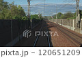 First-person perspective of railway tracks from a moving train. The image emphasizes motion and 120651209