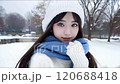 A beautiful woman is explaining something in the snow 120688418