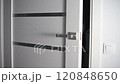 Hand opening a white modern door in a contemporary house, representing entering, leaving, or transition 120848650