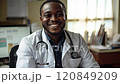 Portrait of smiling african american doctor wearing lab coat and stethoscope 120849209