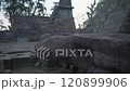 Candi Sukuh - 15th century Javanese Hindu Pyramidal temple in Central Java, Indonesia on the western slope of Mount Lawu with erotic art sculptures ruin 120899906