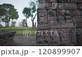 Candi Sukuh - 15th century Javanese Hindu Pyramidal temple in Central Java, Indonesia on the western slope of Mount Lawu with erotic art sculptures ruin 120899907