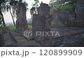 Candi Sukuh - 15th century Javanese Hindu Pyramidal temple in Central Java, Indonesia on the western slope of Mount Lawu with erotic art sculptures ruin 120899909