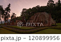 Time Lapse Candi Sukuh - 15th century Javanese Hindu Pyramidal temple in Central Java, Indonesia on the western slope of Mount Lawu with erotic art sculptures ruin 120899956