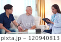 Senior Asian man having an annual health check by doctor. A female doctor comes to see a senior adult patient at home and checks his heart health and blood pressure. Doctor visiting elder patient's ho 120940813