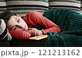 Young woman sleepy and tired watching tv on sofa in slow motion. Young hispanic 121213162