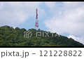 Time lapse Directional antenna array on a red and white communication tower against sky. 121228822