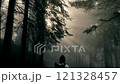 A Mysterious Forest Filled with Beautiful Rays of Light Breaking Through the Fog 121328457