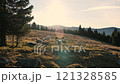 A Serene Landscape Featuring Grazing Sheep Against the Beautiful Backdrop of Sunset 121328585