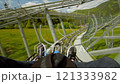 POV view a man in moving action unrecognizable man going down a mountain roller down a track, outdoor adventure in the mountains Europe 4K UHD B-Roll footage 121333982