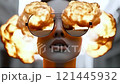 Explosive fire reflection building up through sunglasses, gradually obscuring urban landscape while capturing intense destruction and impending danger from catastrophic event 121445932
