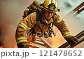 A brave firefighter climbing a ladder surrounded by flames, showcasing courage and dedication in battling fires and saving lives 121478652
