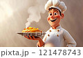 The playful cartoon chef smiles brightly as he presents a hot pie emanating steam, demonstrating creativity and culinary delights. 121478743